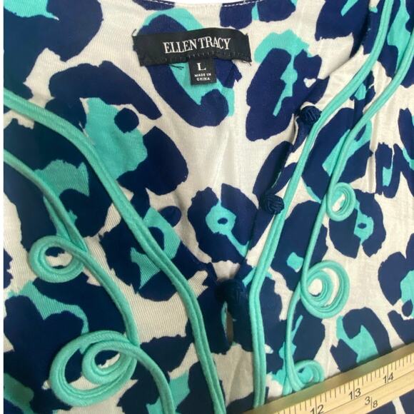 Ellen Tracy Blue Leopard Print Tunic Top Size L – Boho 3/4 Sleeve Blouse - Picture 4 of 7